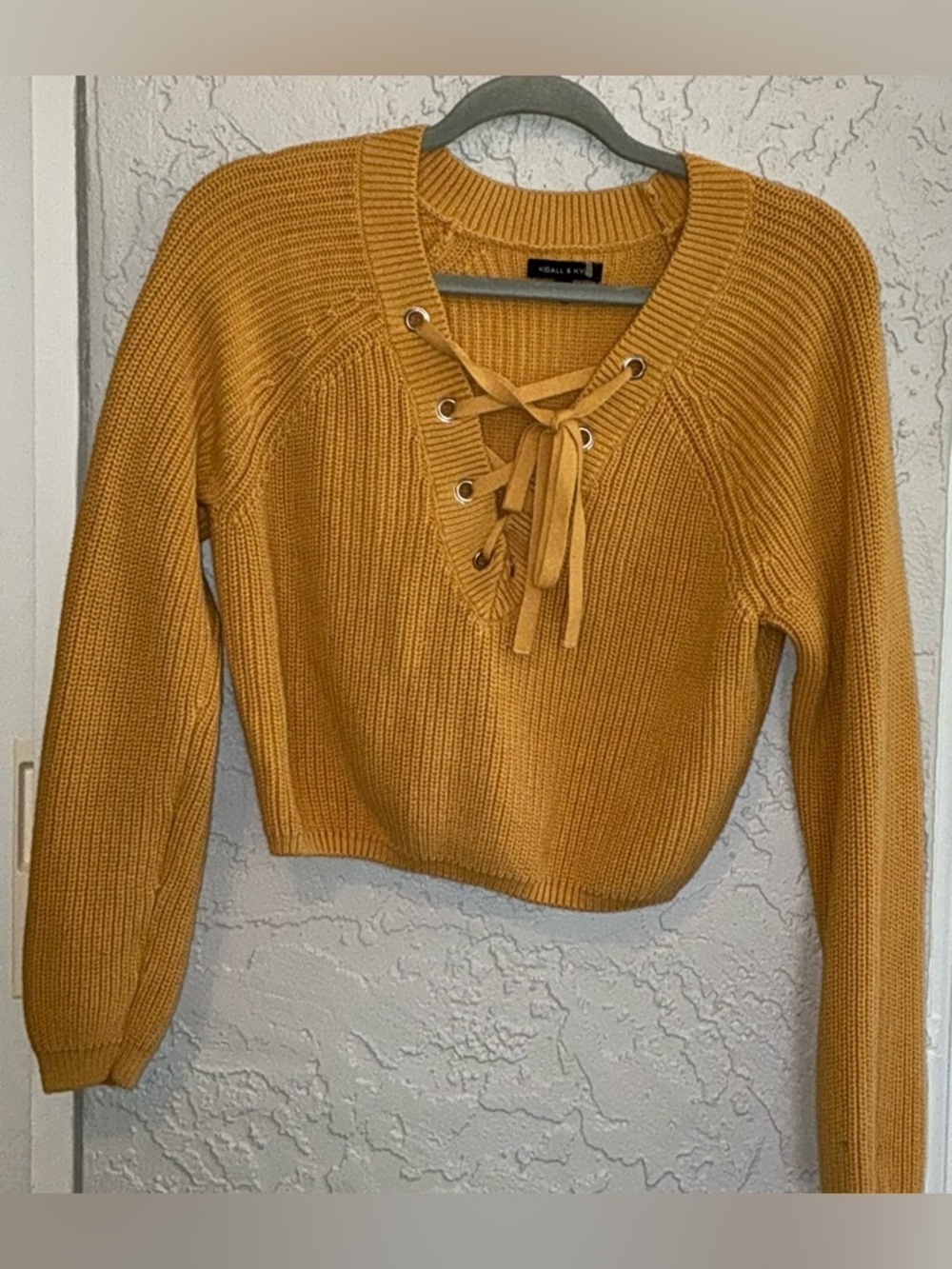 Kendall & Kylie Mustard Lace-Up V-Neck Women's Cropped Sweater